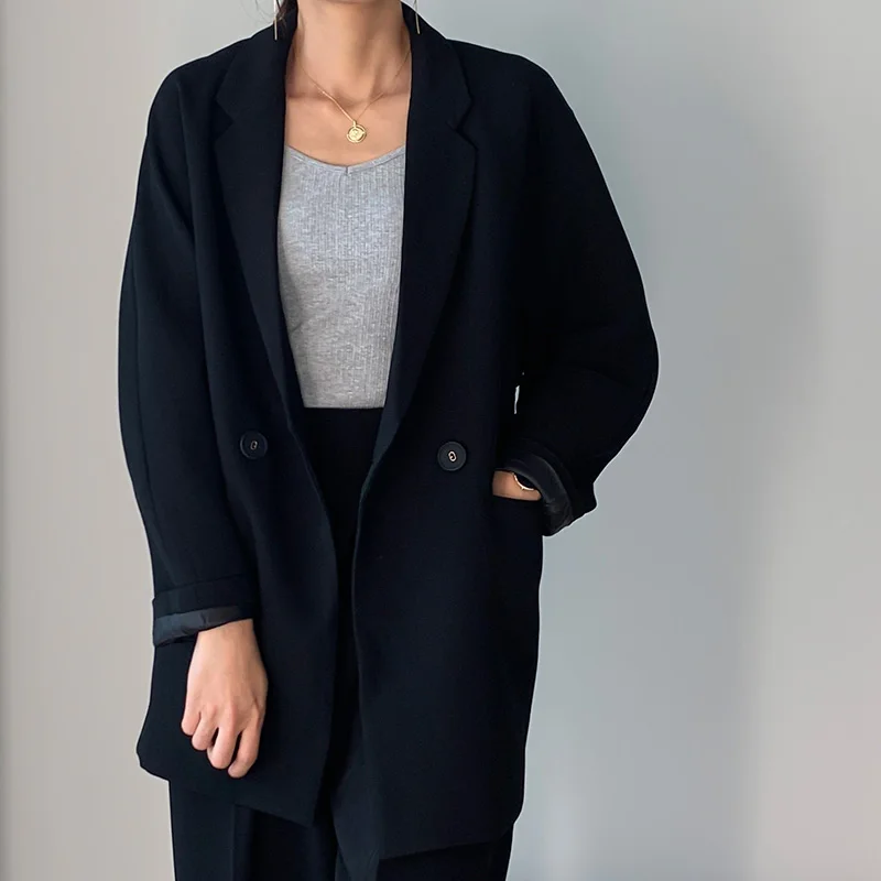 

High Quality Women Blazer Loose Jacket Coat Spring Fashion Black Button Double Breasted Lapel Long Sleeve Casual Overcoat