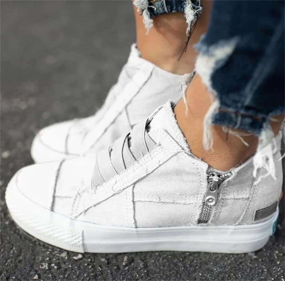 

Large-Sized Flats Women 2021 All Season Daily Side Zipper Elastic Band Ladies Casual Canvas Shoes Home Outdoor Female Sneakers