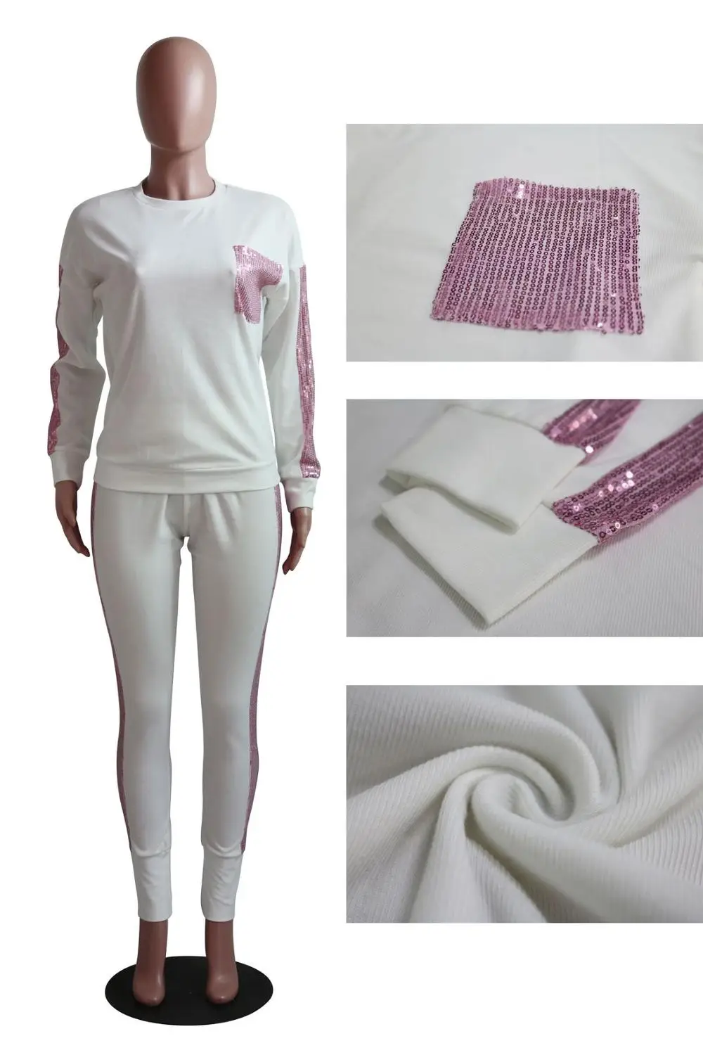 

Women Solid Casual Sports Two Piece Sets Fashion Sequined Patchwork Top+Pants Plus Size Outfits 5 Colors Lady Tracksuits 2019