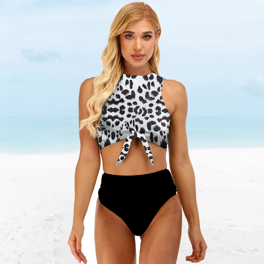 Women Bowknot Swimsuit Leopard Tankini Set High Waist Bikini Crop Top Swimwear Vintage Bathing Suit Sports Swimming Suit Biquini