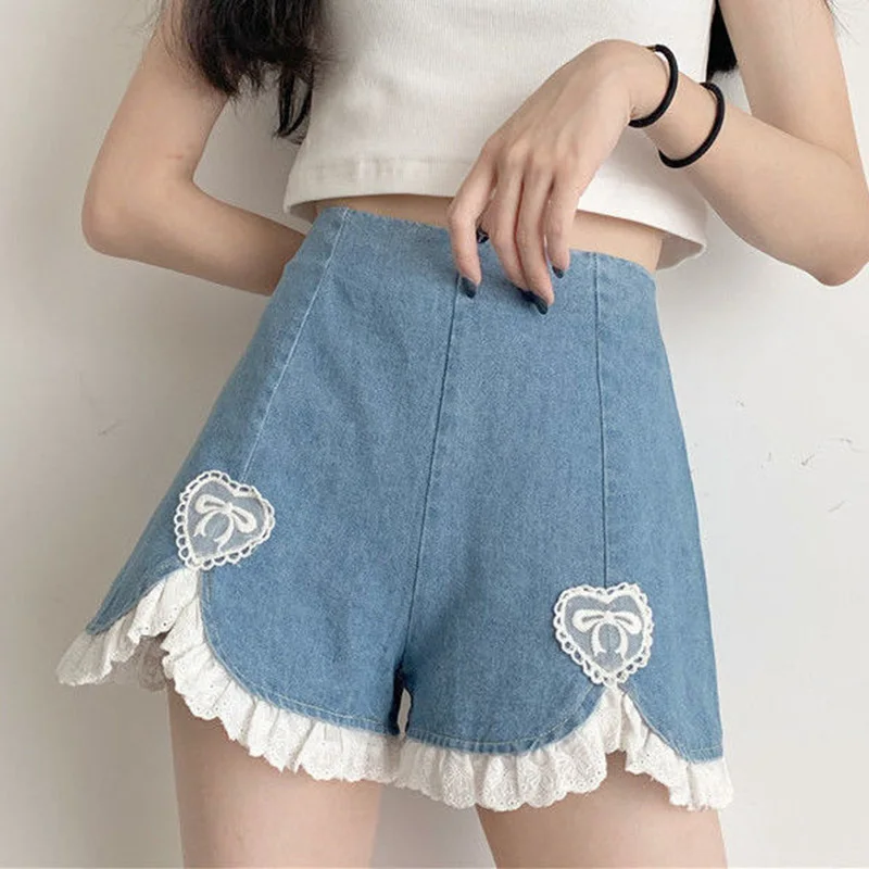

All-Match Retro Jeans Shorts High Waist Lace Edge Fashion Polyester Summer Female Girls Shorts Sweet Cute Casual Polyester