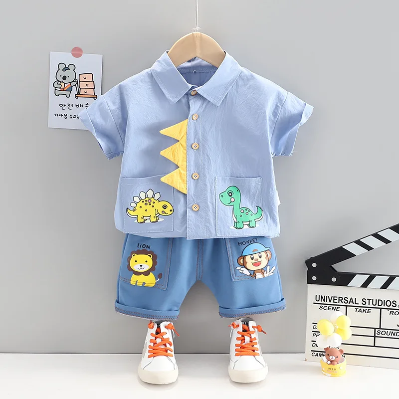 

Baby Boy Clothes 2021 Summer New Boy Dinosaur Shirt Short Sleeve Suit Denim Shorts Cute Two-piece Set Children Cartoon Outfits