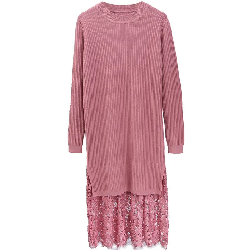 Женское прямое трикотажное платье длинное пуловер с кружевной вышивкой в