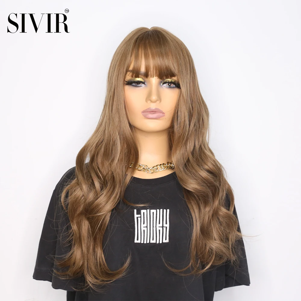 

Sivir Synthetic Long wavy Hair with bangs wigs for Woman Black /Brown/Honey Tea Flax 3 color Heat Resistant Fibre Cosplay