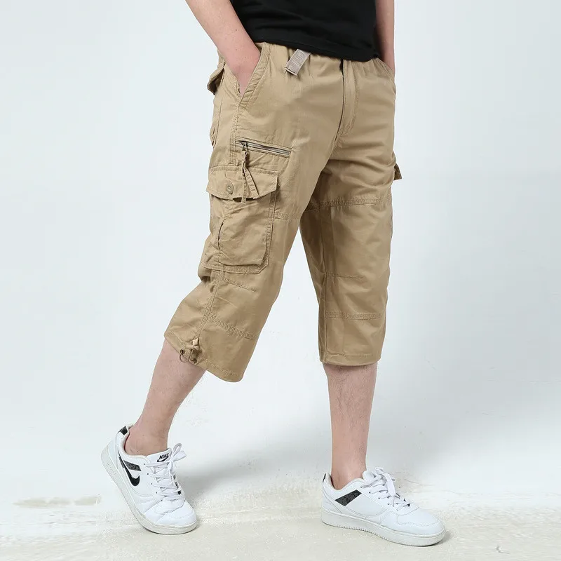 

Male Casual Shorts Multi Pockets Summer Loose Zipper Breeches Plus Size Short Pant Casual Cotton Middle Long Mens Cargo Shorts