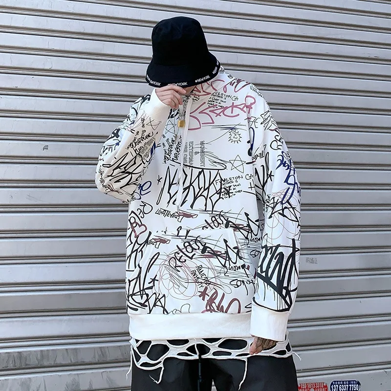 Япония Улица граффити печати толстовки хип хоп стиль Swag Tyga оверсайз черный белый