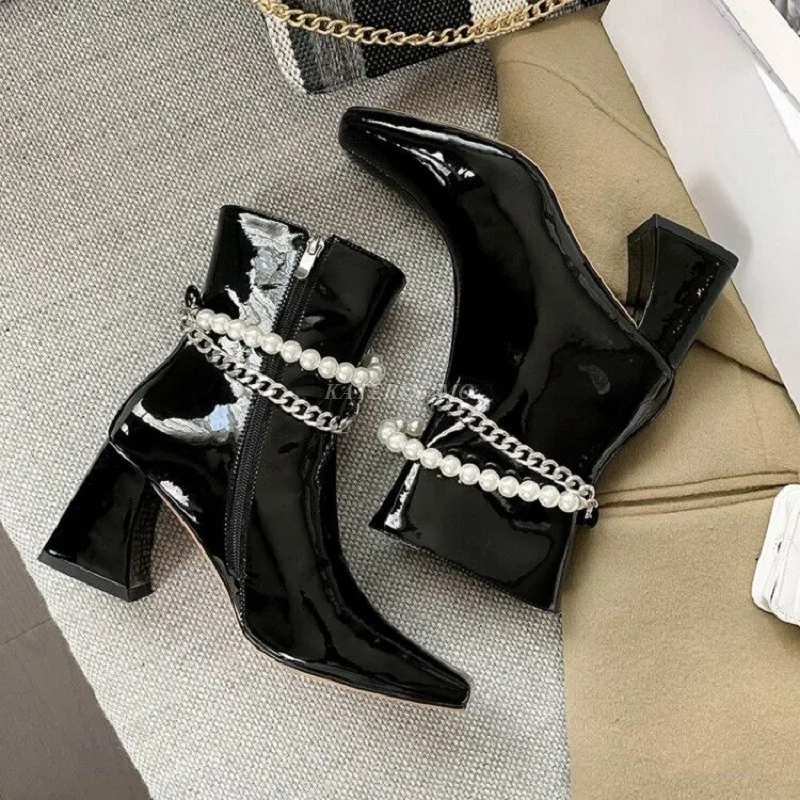 

Luxury Brand Designer Ankle Boots Women Patent Leather High Heel Zipper Elegant Pearl String Bead Ladies Boots Shoes Black White