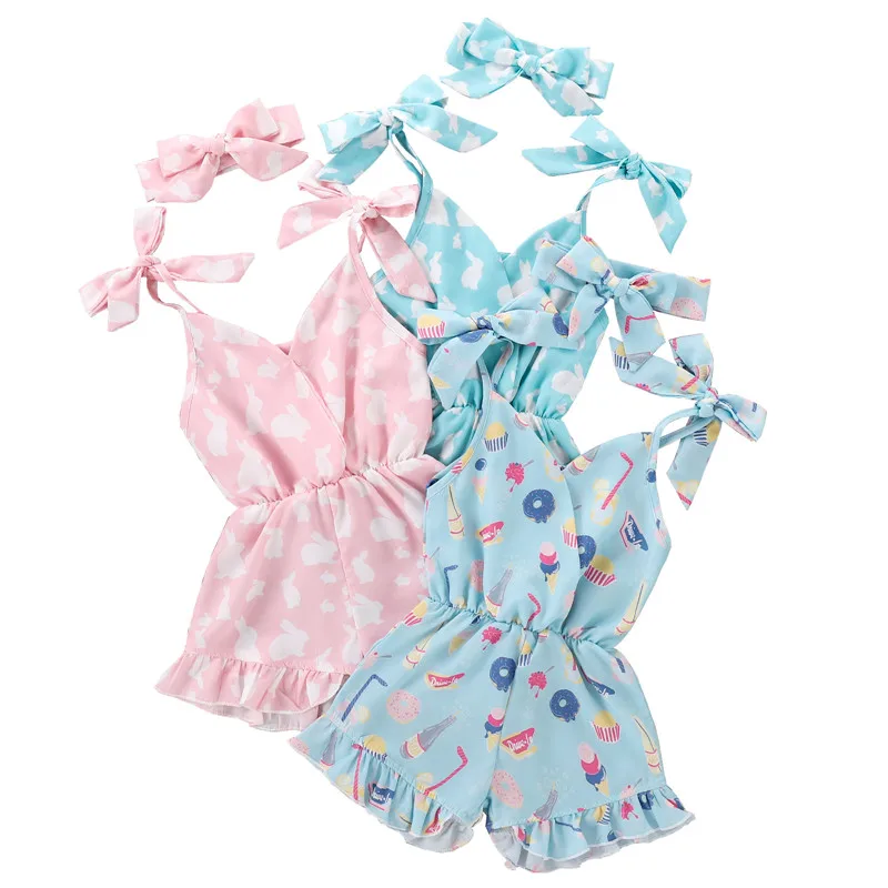 

Easter Printed Bodysuit For Girls Infant Sleeveless Jumpsuit + Bow Headband Cute Bunny Pattern Elastic Waist Kid Summer Clothing