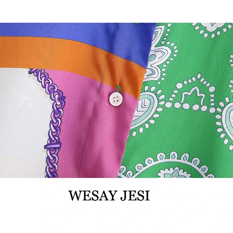 

WESAY JESI Women's Summer Suit 2021 Za Summer Bowknot Patchwork Print Long Sleeve Shirt Women Clothing Vintage Top Female Shirt