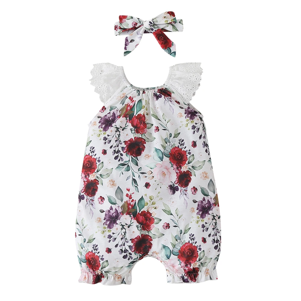 

Baby Girls Romper Summer Toddler Newborn Infant Sleeveless Flowers Print Jumpsuits Send Headband