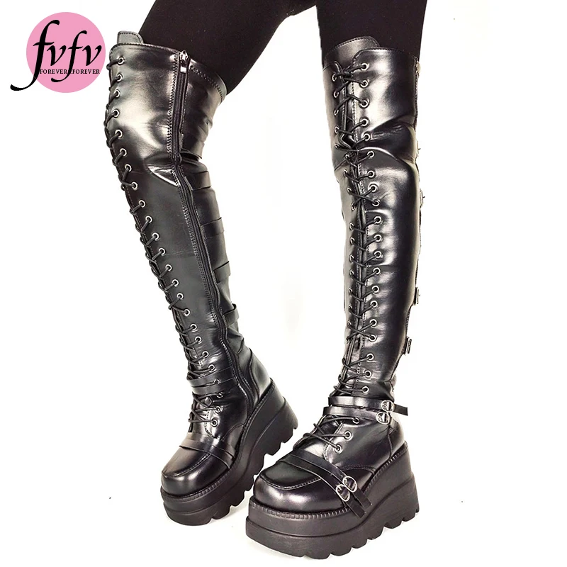

[FVFV]INS Hot 2021 Brand New Gothic Street Women's Knee High Boots Platform Wedges High Heels Buckle Boots For female Punk Shoe