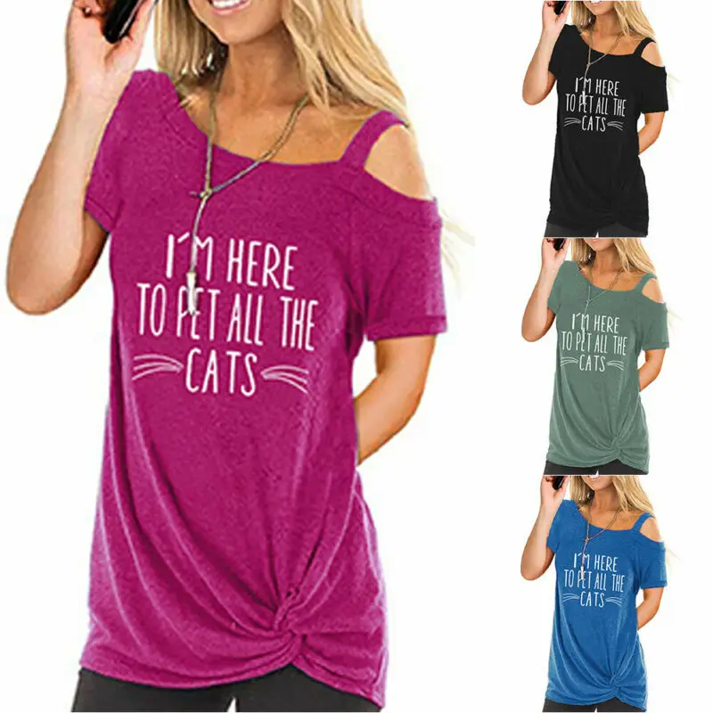 

Women Fashion Tops T-Shirt Knotted Pattern Short Sleeve One Off Shoulder Printed Summer Casual Female Tshirts