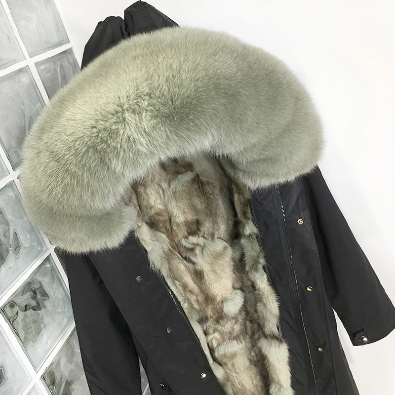 Plus Size Real Fur Coat Waterproof Parka Mujer Winter Jacket Women Natural Fox Fur Collar Liner Hood Thick Warm Outerwear Hat - Color: MiddleLong BeanGreen