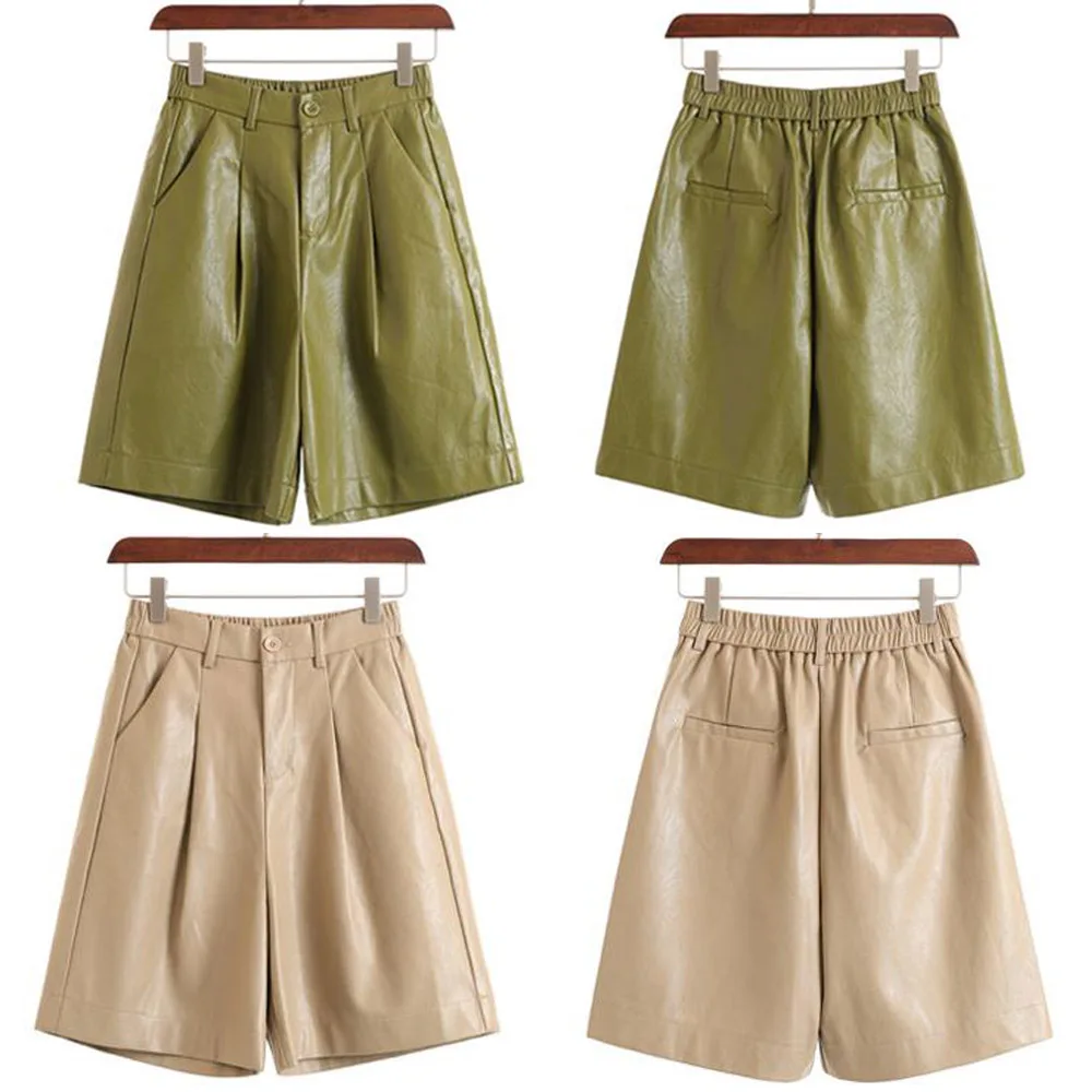 Женские шорты-бермуды из ПУ кожи с высокой талией и широкими штанинами | Женская