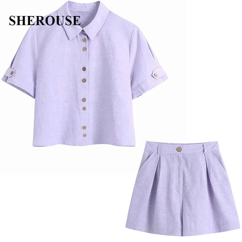 

2021 Summer New Women 2 Pieces Set Short Sleeve Buttoned Shirt And Pleated Shorts Suit Chic Lady Fashion Casual Women Suit