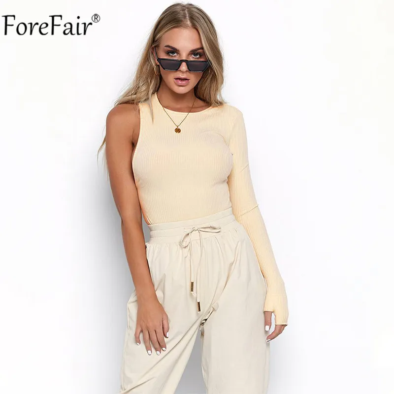 Apricot Forefair/боди на одно плечо с круглым вырезом и длинным рукавом, весна, Женский трикотажный уличная одежда, черный, белый, сексуальный обтягивающий боди - Цвет: Apricot