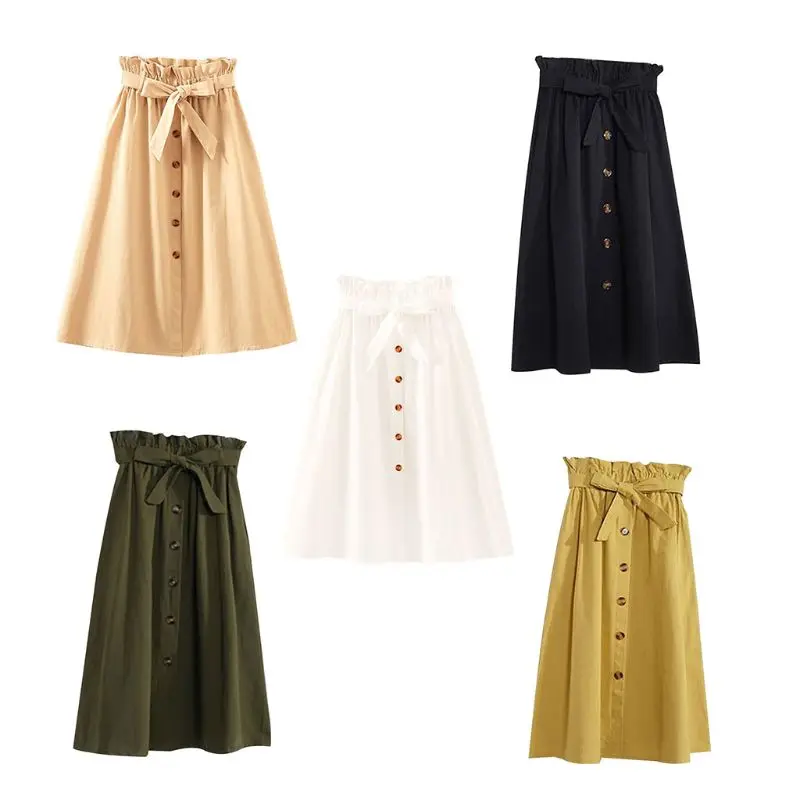 

Women High Ruffle Waist Knee Length Button Up Midi Swing A-Line Skirt Bowknot Belted Solid Color Flared Skater Dress With BX0A