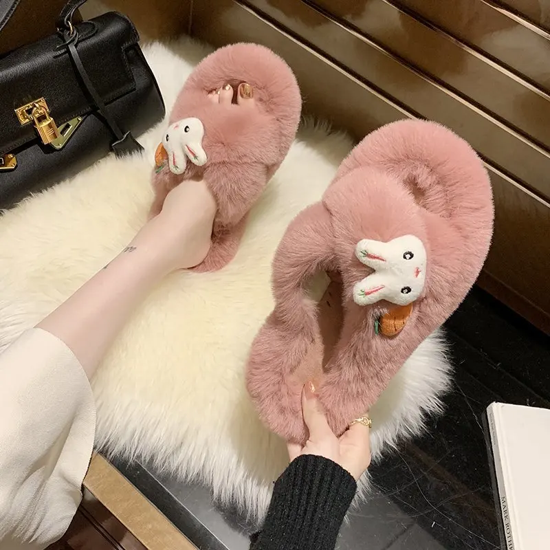 

2021 fall and winter new cute cartoon hair slippers warm flat at home wearing a word slippers women’s shoes