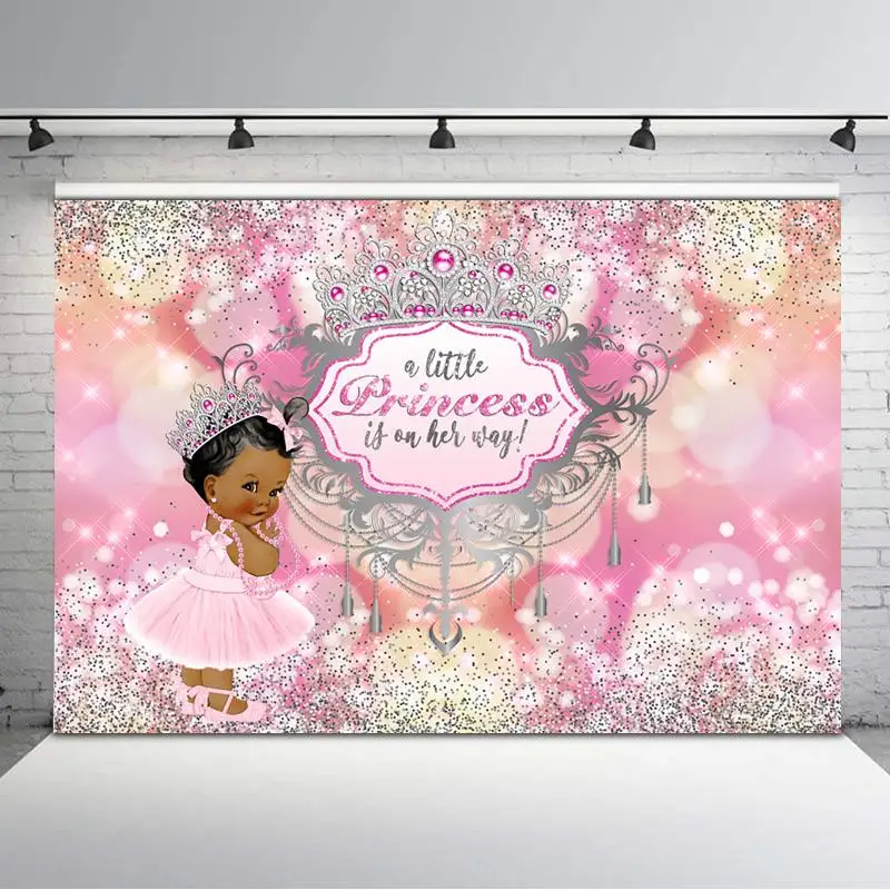 

Baby Shower Backdrop Black Skin Little Princess Photo Background Pink Gemstone Silver Glitter Dots Banner Backdrops