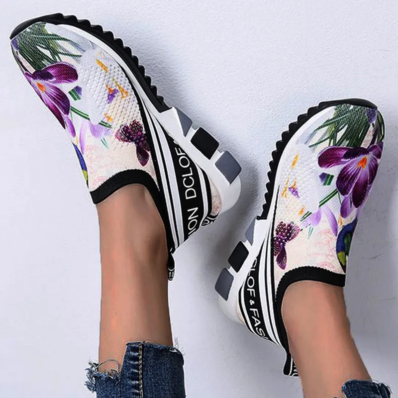 

Women Sneakers Flower Sock Shoes Wedges Chunky Thick Sole Platform Height Increasing Vulcanized Ladies Loafers Zapatos De Mujer