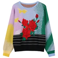autumn and winter 2021 new womens round neck long sleeve contrast flower embroidery loose knit thick warm pullover