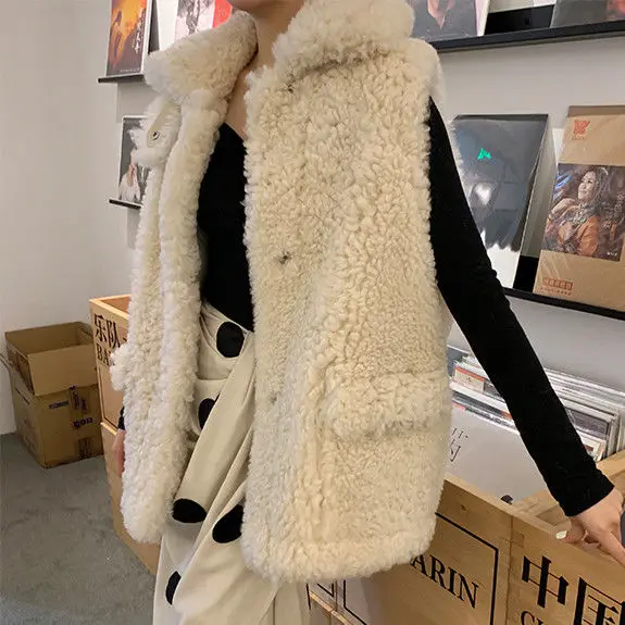 

2021 New Style Autumn Winter Warm Long Vest Jacket Women Solid Imitation Lambswool Waistcoat Sleeveless Fashion Colete Y69
