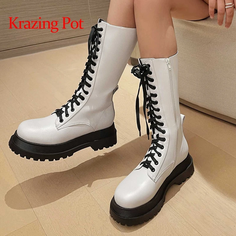 

Krazing Pot genuine leather round toe thick bottom winter keep warm cross-tied handsome young lady classic mid-calf boots L25