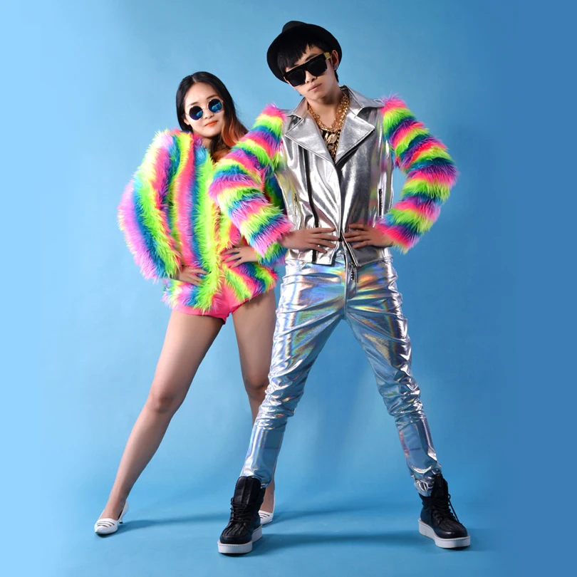 

Colorful Fur Coat Nightclub Men Dj Mc Show Outfit Feather Jacket Male Singer Costume Bar Gogo Dancer Rave Stage Wear VDB2653