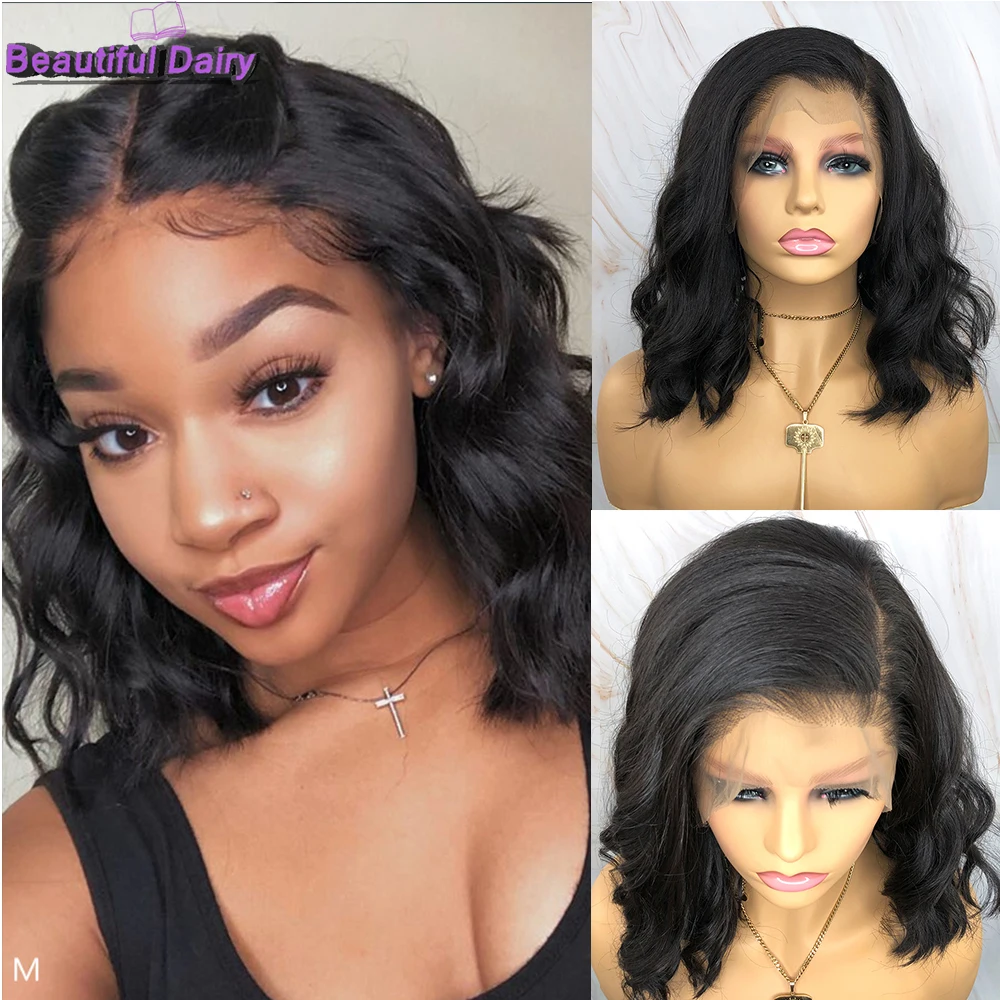Beautiful Diary Black Short Bob Wigs Natural Wavy Futura Hair 13X4 Synthetic Lace Front Wig Heat Resistant Synthetic Lace Wig