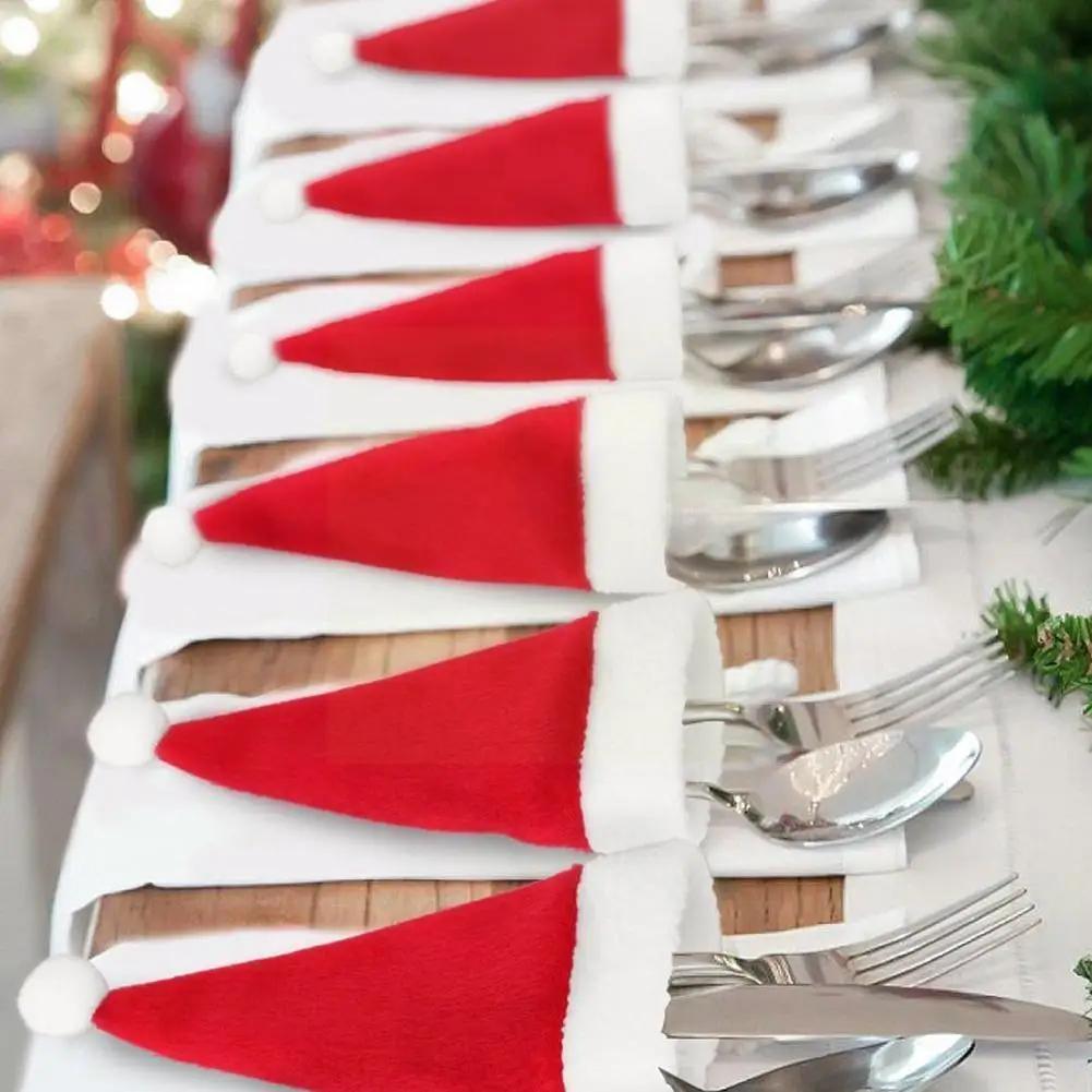 

10 Pieces Of Christmas Caps Non-woven Hats, Christmas Bottle Sets Decorations Fork Christmas Hats Wine Knife And L8T0