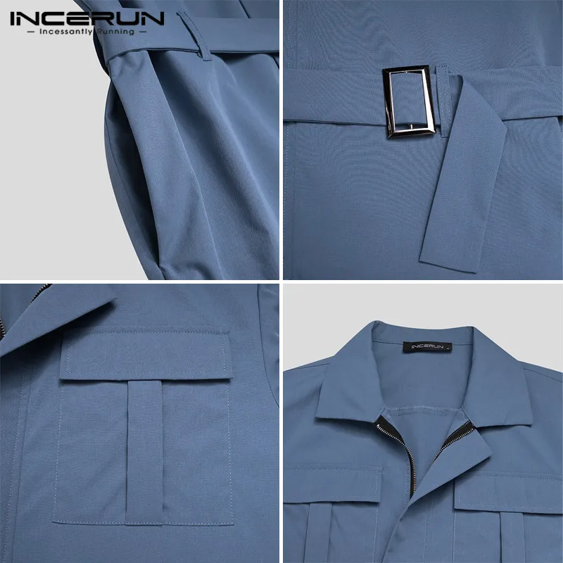 

INCERUN Fashion Men Cargo Overalls Solid Color Streetwear Jumpsuit Lapel Zippers Long Sleeve Pants Mens Rompers With Belt 2021