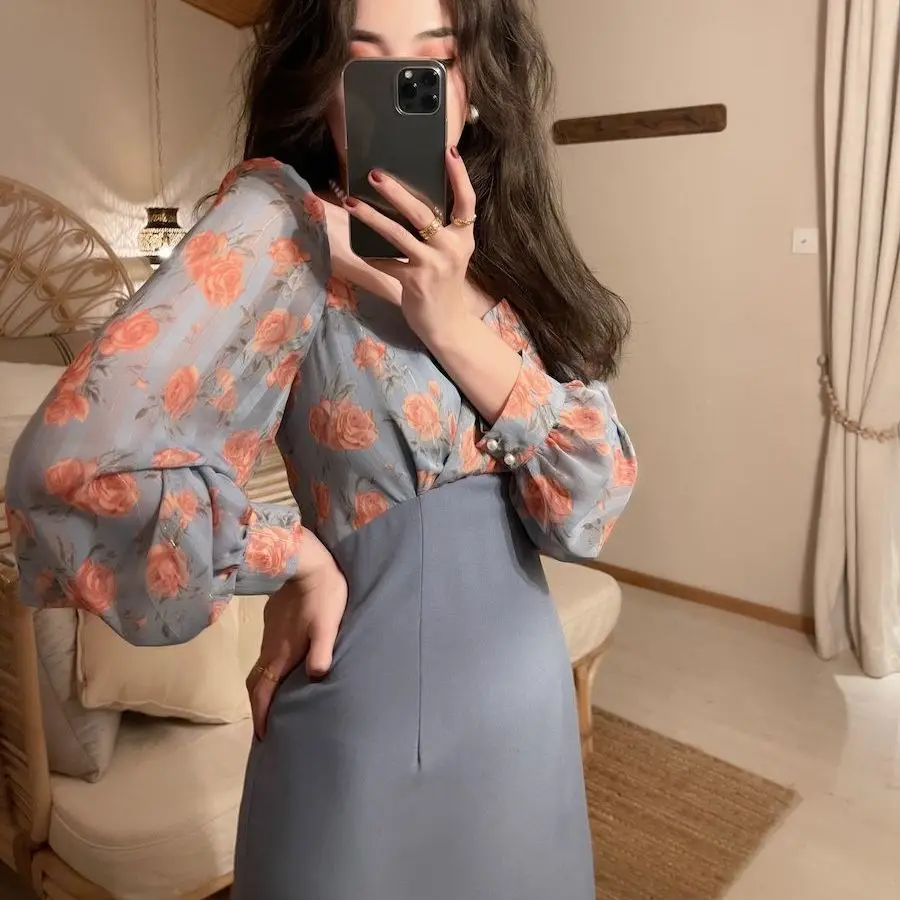 

Gentle wind high-end lady 2021 pink floral dress temperament slim high waist long stitching skirt