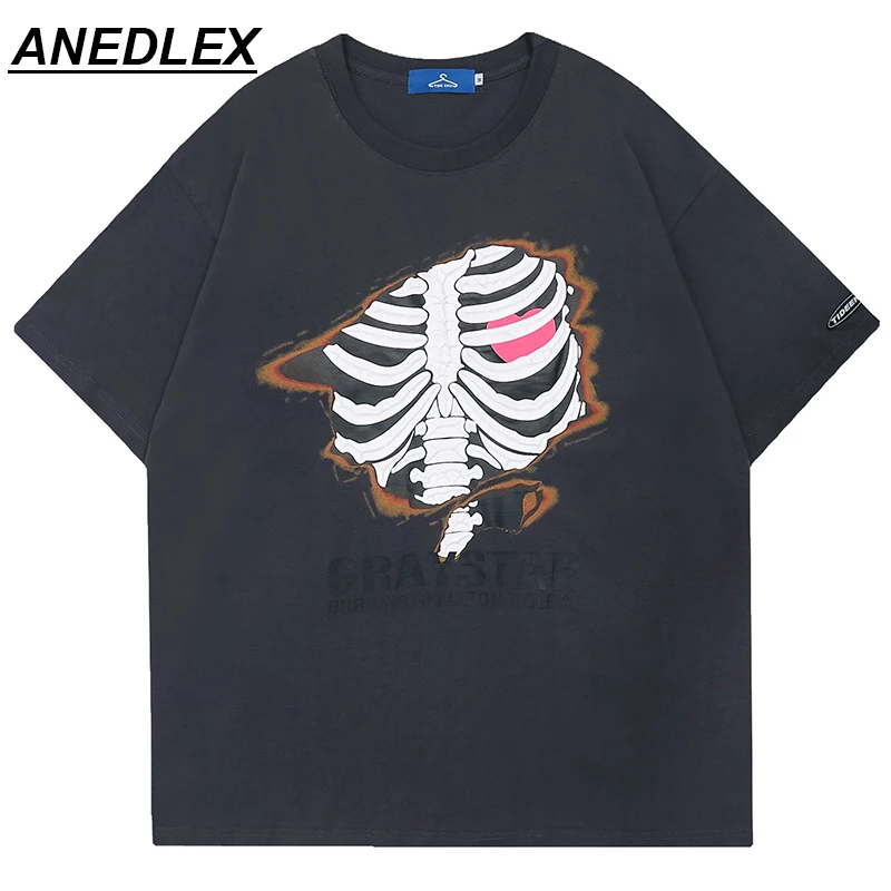 

2022 Men Hip Hop Streetwear T-Shirt Harajuku Burning Bones Heart Printed Tshirt Summer Short Sleeve T Shirt Cotton Casual Tops