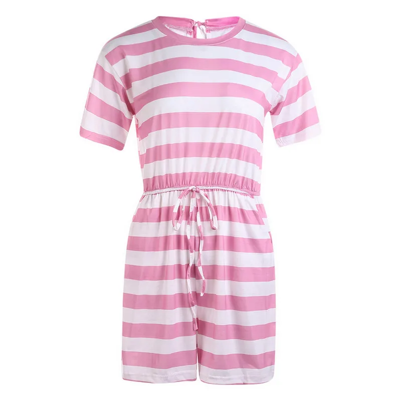Летний женский боди Модный Полосатый комбинезон с коротким рукавом и круглым