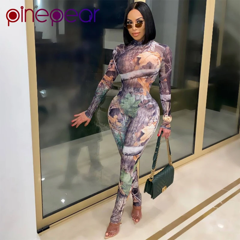 

PinePear 2021 Colorful Tree Maple Leaf Print Jumpsuit Women Long Sleeve Turtleneck Romper Sexy Party Nightclub Outfit Wholesale