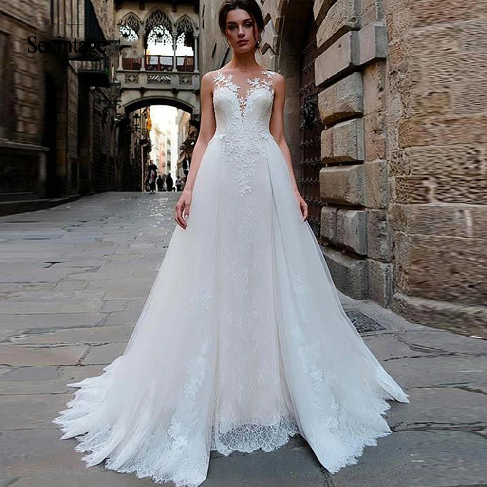 

Sevintage A Line Lace Wedding Dress 2020 Sheer Back Vestidos de novia Vintage Bridal Gown with Train vestido noiva sereia