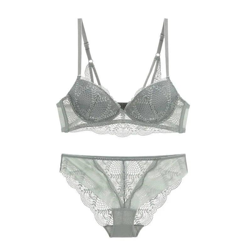 French sexy lace deep V gathered bra suit upper thin and lower thick underwear adjustable top collection bra