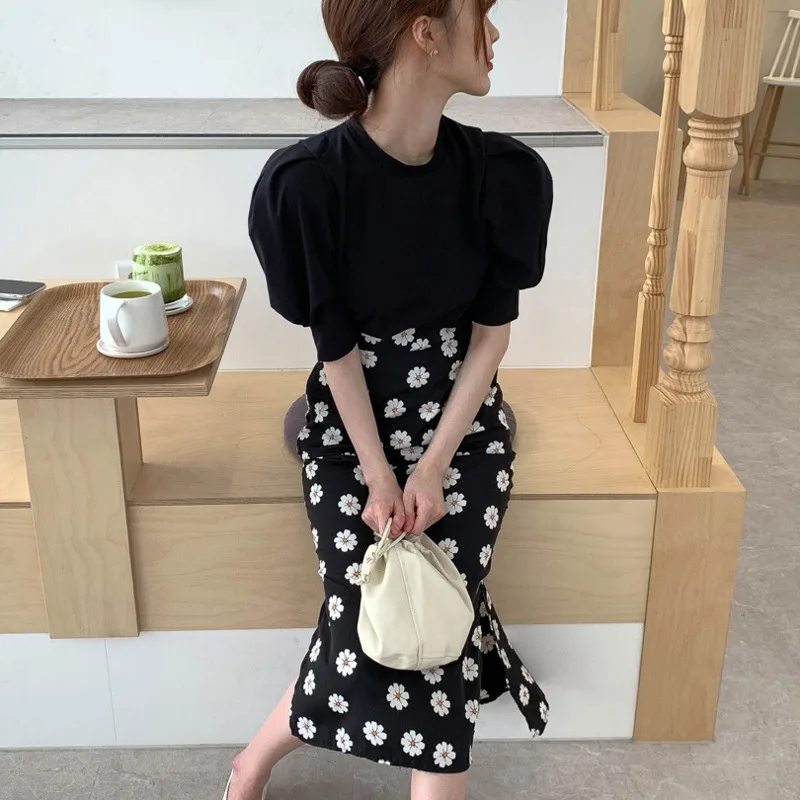 Женская Шифоновая Юбка-миди с высокой талией и буффами на рукавах |