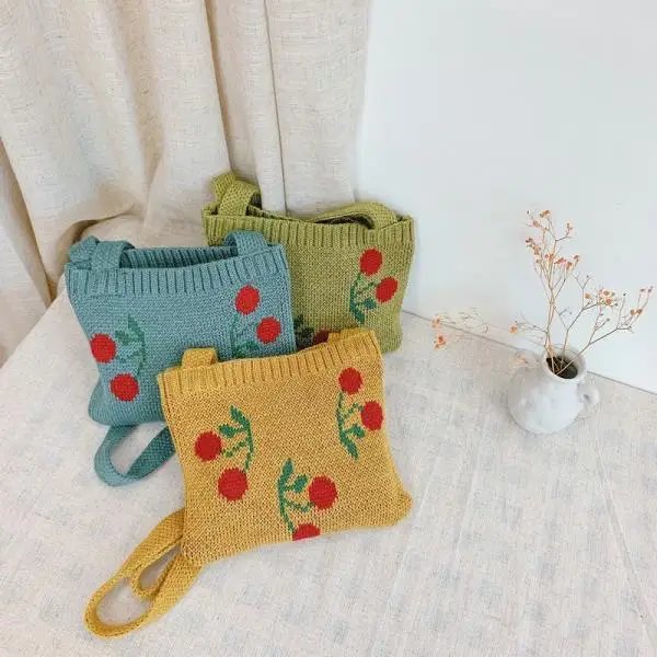 Knitting Woolen Baby Girls Shoulder Bag Winter Vintage Boy Kids Coin Purse Crossbody Bags Cute Cherry Children Small Handbags
