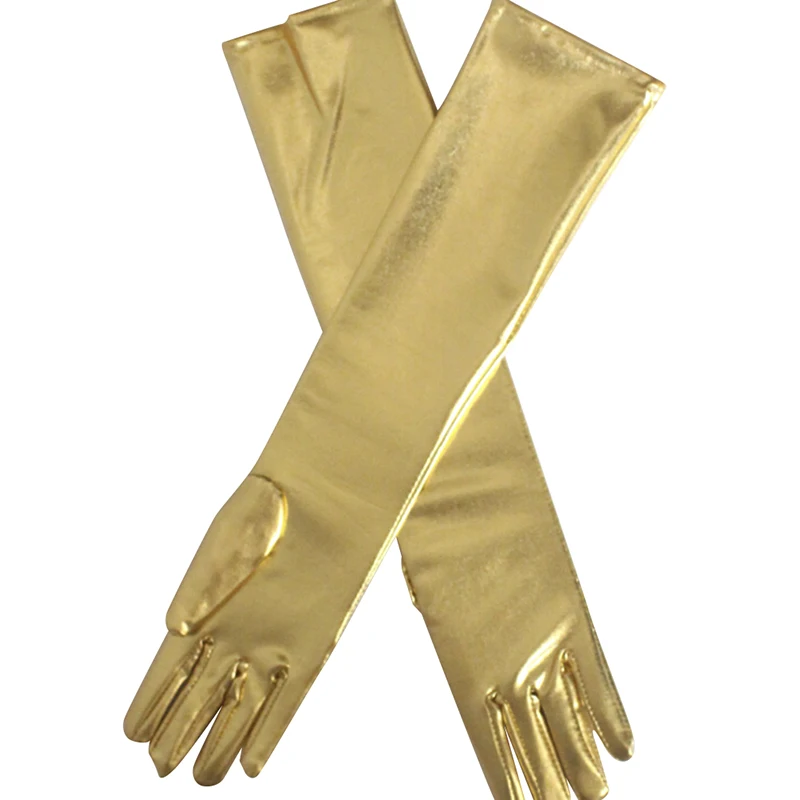 Золотые серебристые с мокром эффектом Поддельные Кожаные перчатки металлик для