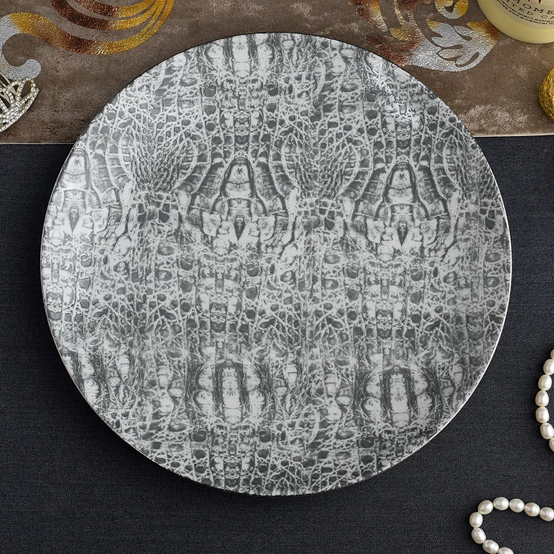 

Silver Edge Crocodile Pattern circular Fine Bone China Dinner plate steak Ceramics Plate Plates for food