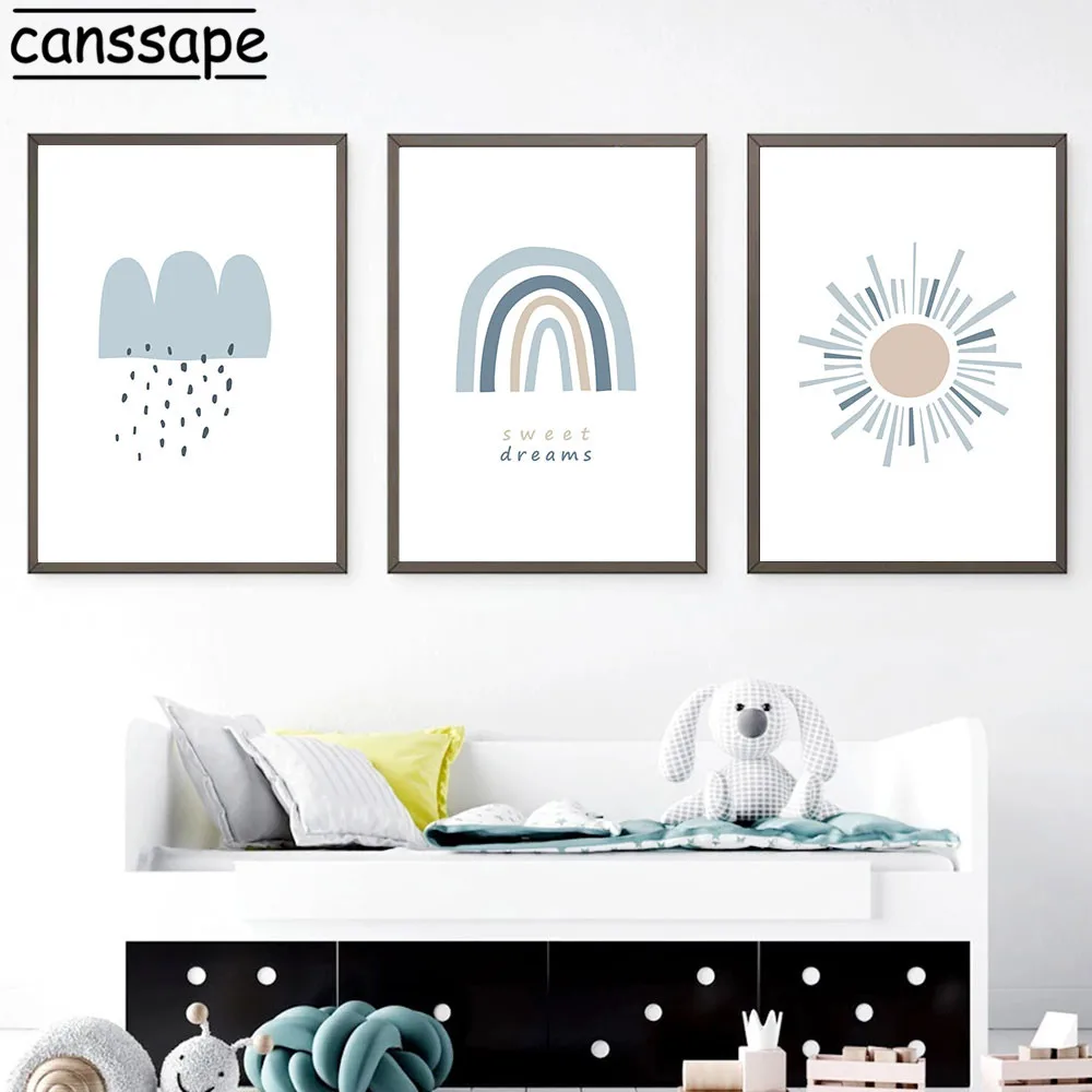 Картина на холсте для детской комнаты синий постер солнечный свет радуга