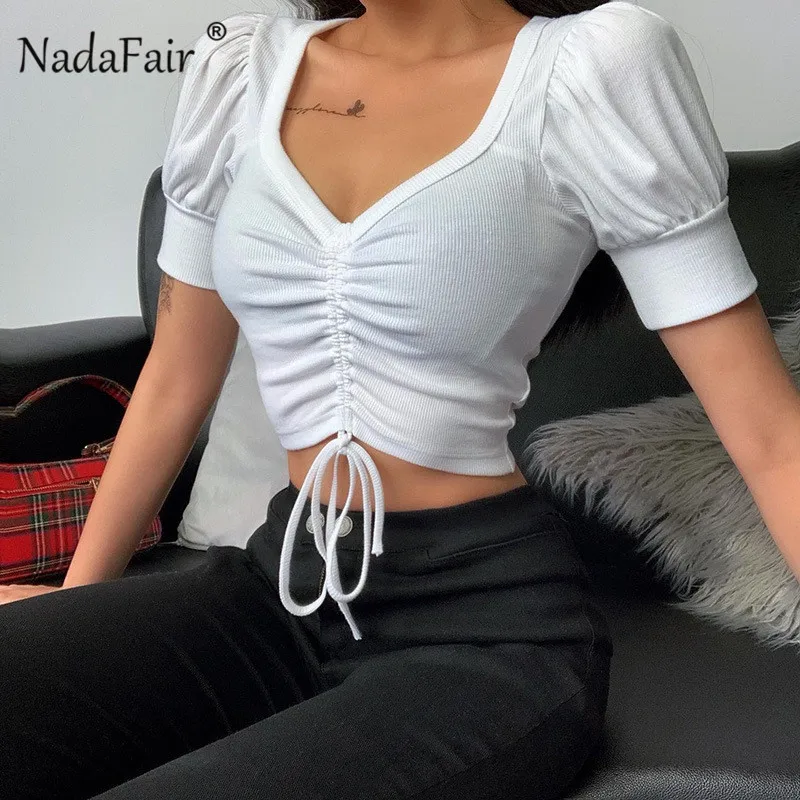 Nadafair String Puff Top White Knitting Short Sleeve Crop Casual Blue Summer Tank Tops Women | Женская одежда