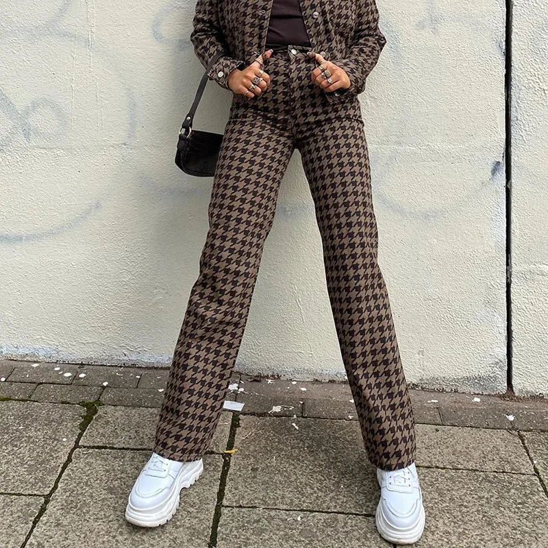 

Houndstooth Plaid Print Vintage Pants Women Casual High Waisted Long Trousers Fashion Skinny Pants Capris Autumn 2021