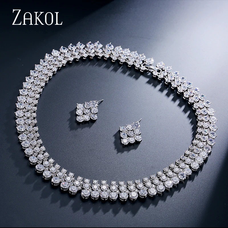 ZAKOL элегантный топ качество круглый кубический цирконий Кластер ожерелье серьги