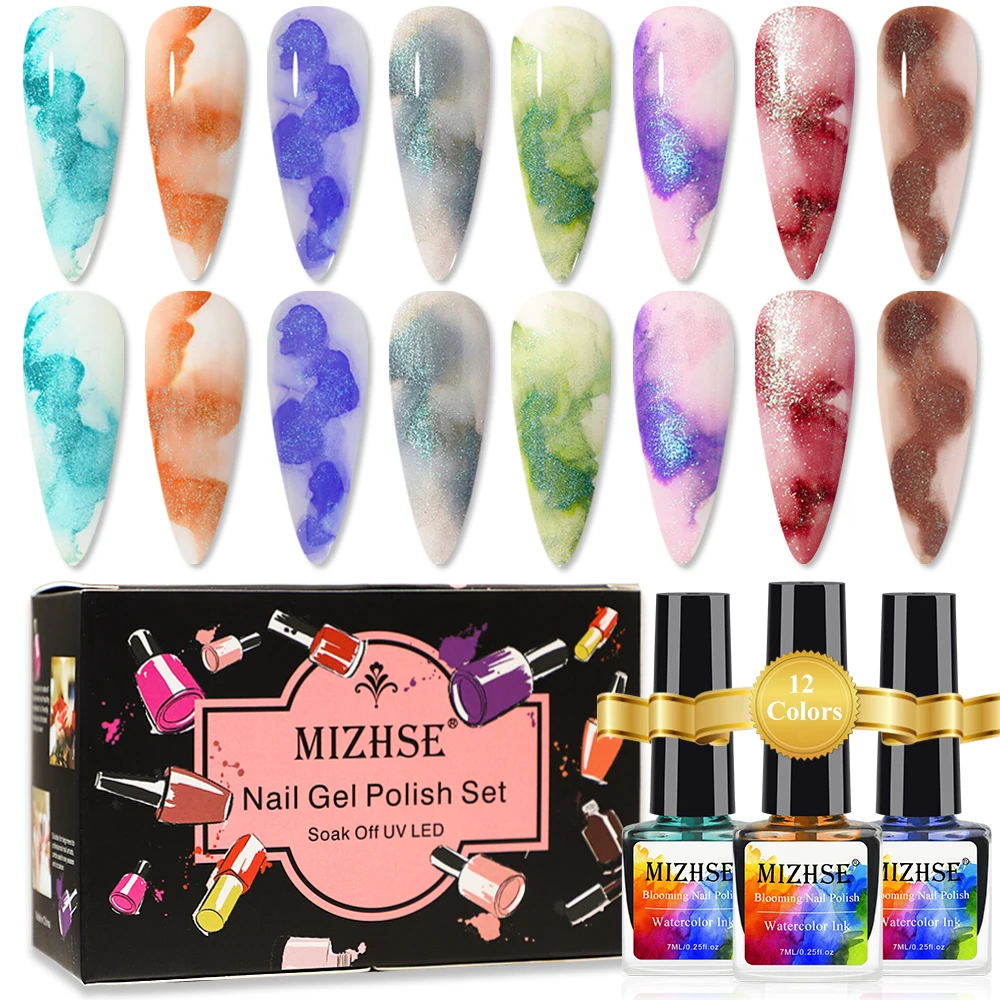 

MIZHSE 8PCS Glitter Blooming Gel Polish Set Watercolor Ink Semi Permanent Varnish Nail Polish for Nail Art With Box No Need Cure