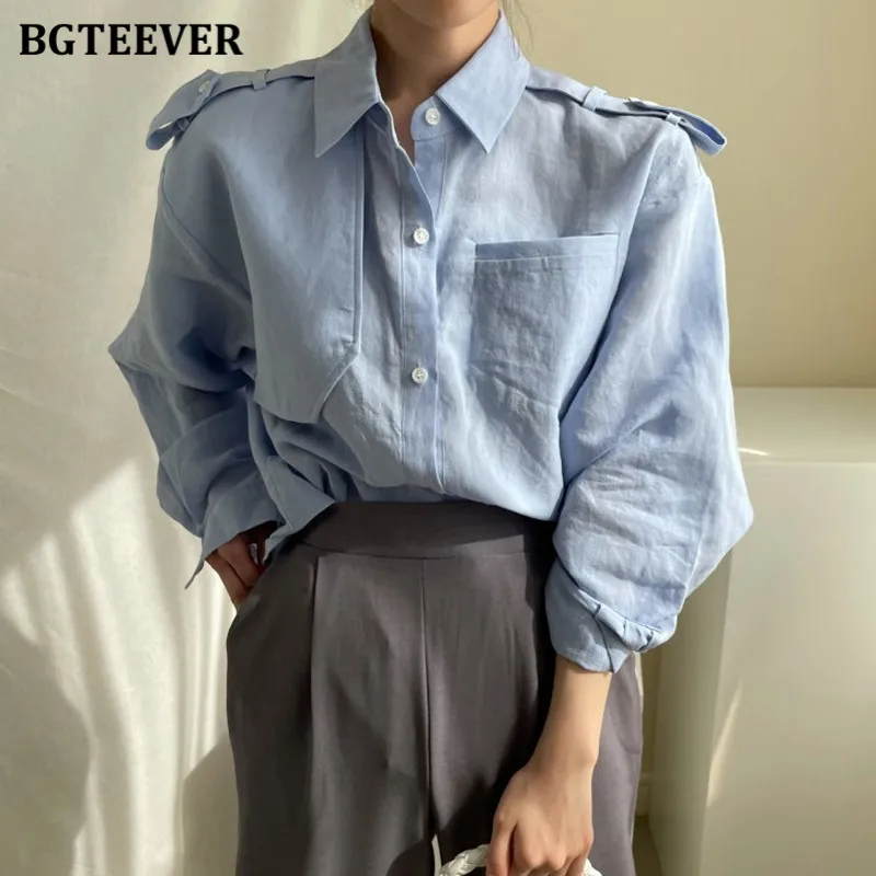 

Повседневные свободные женские рубашки BGTEEVER с карманами, новые осенние свободные однобортные однотонные женские блузки с отложным воротником и длинным рукавом, 2021
