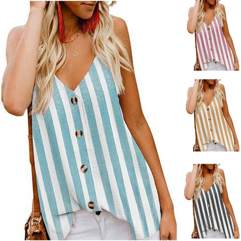 

Sleeveless shirt women's striped V-neck buttoned vest womens clothing