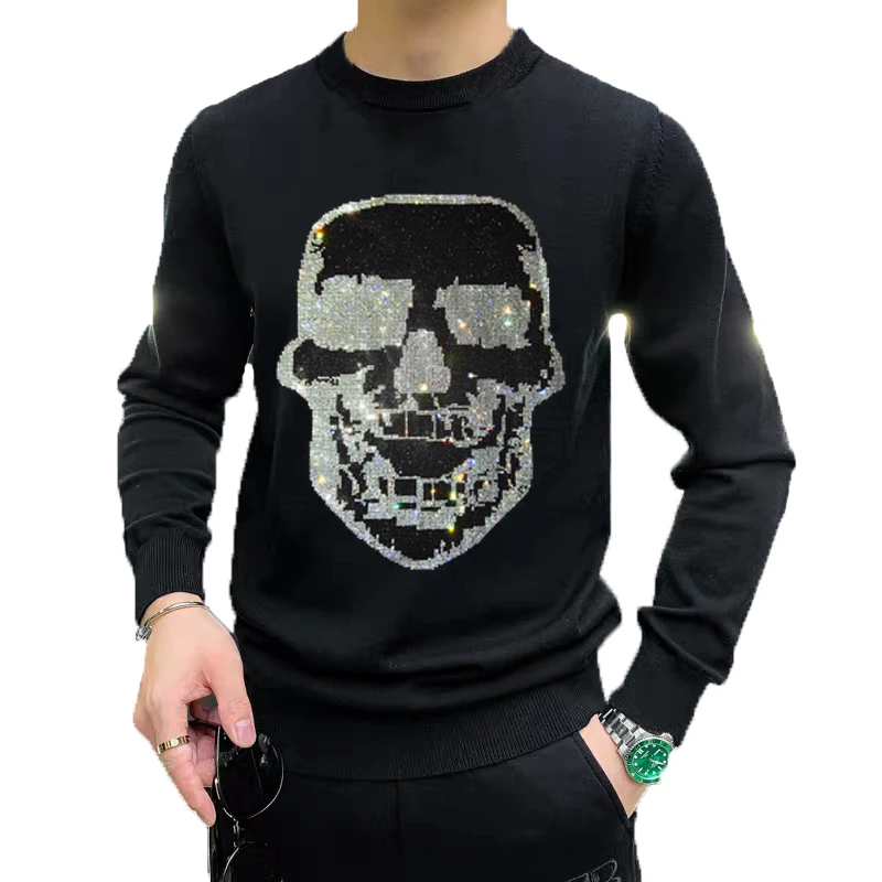

Super Soft Cashmere Luxury Street Hot Drilling Skull Design Men's Sweater Top Fashion Slim Pullover