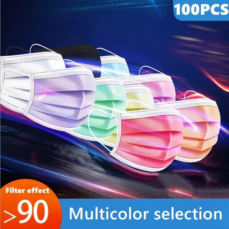 

100Pcs Disposable Face Mask 3-layer Non-woven Covers Mouth Nose Shade Colored Adult Masks